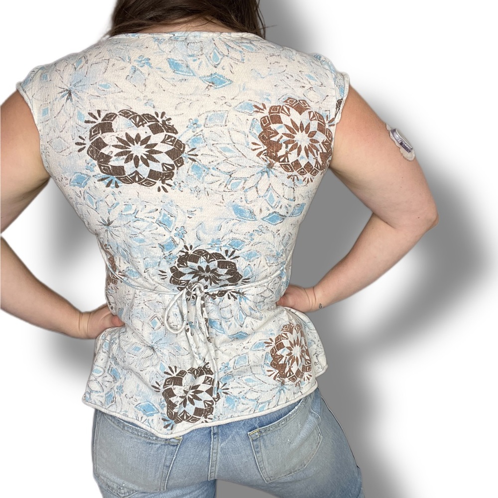 Y2K Early 2000s Boho Top Blue and Brown with Crochet Detail - Picture 2 of 7
